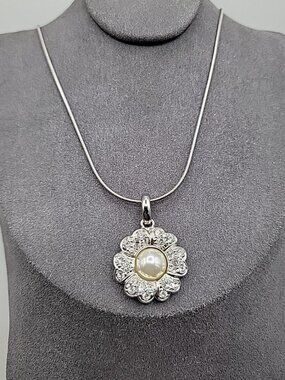 Pierre Balmain Pendant Necklace 18" Haute Couture Crystal Faux Pearl Flower Rare